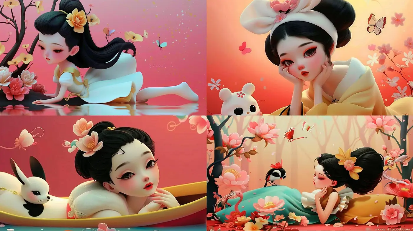 Enchanted Cherry Blossom Serenity: A Digital Homage to East Asian Aesthetics with a Stylized Pastel Panorama - Midjourney sref style