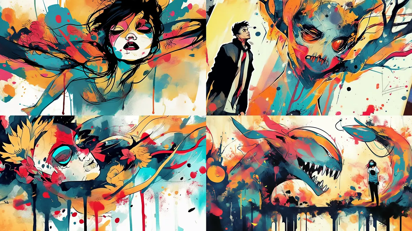 Dynamic Abstract Expressionism with a Splash of Urban Artistry - Midjourney sref style