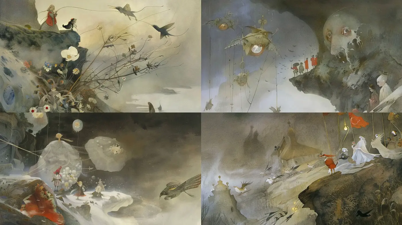 Ethereal Whimsy: A Dreamlike Fusion of Surrealism and Fantasy Illustration - Midjourney sref style