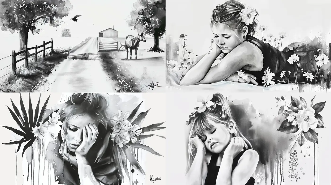 Monochromatic Musings: A Study in Grayscale and Emotional Nuance - Midjourney sref style