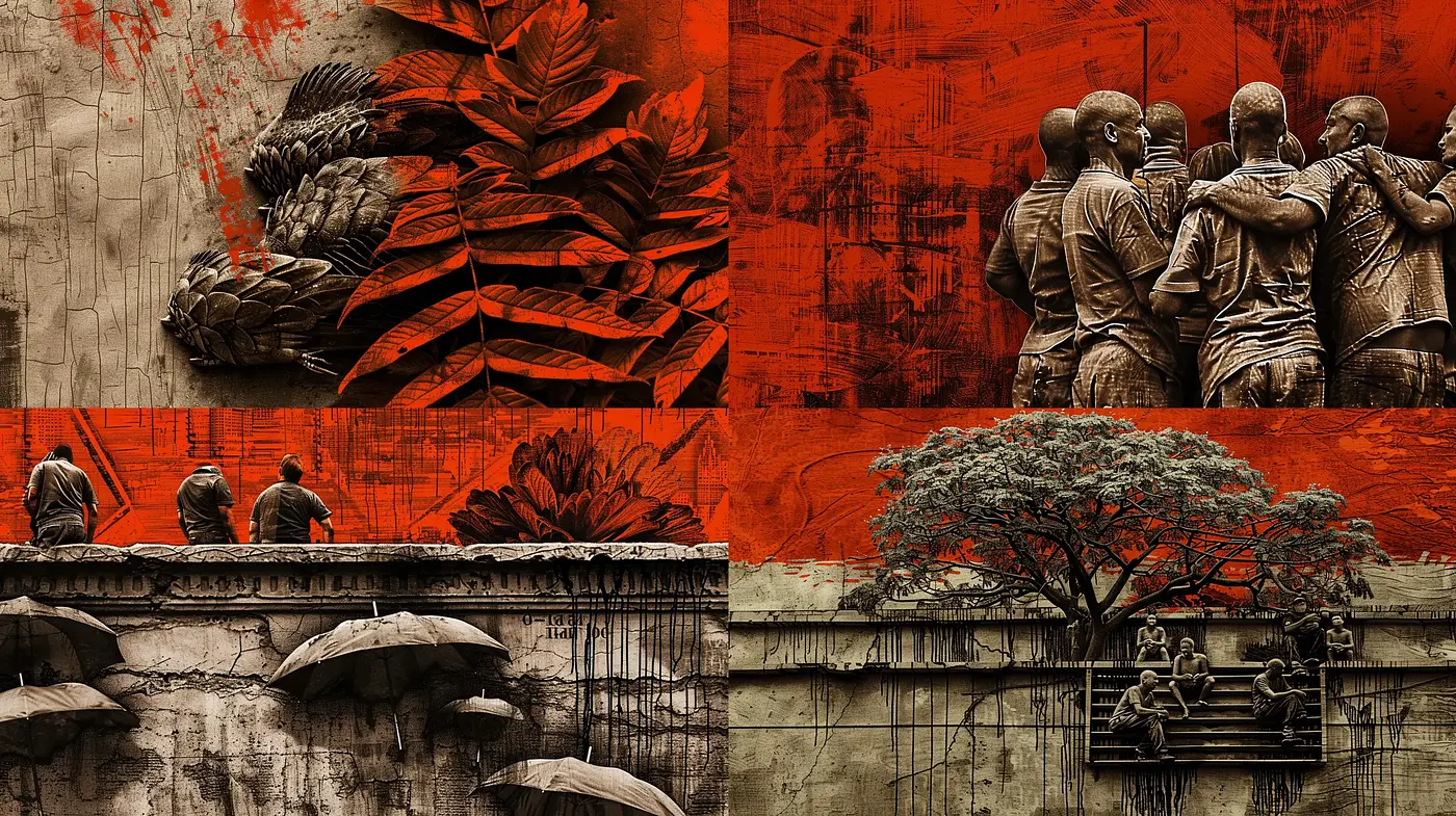 Rustic Elegance in Monochrome and Vermilion: A Fusion of Urban Grunge and Figurative Expression - Midjourney sref style