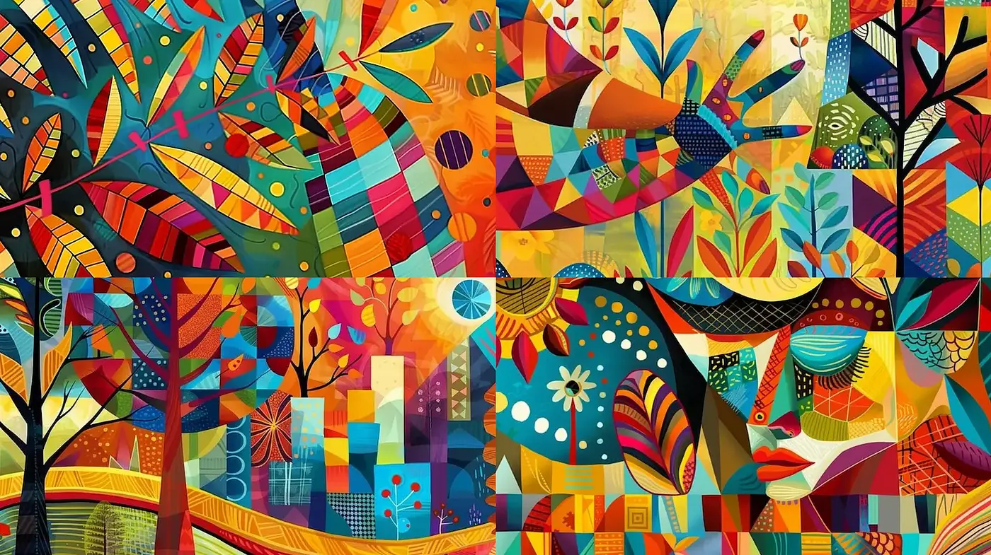 Vibrant and Geometric Series with Expressive Textures and Mixed Media Influence - Midjourney sref style