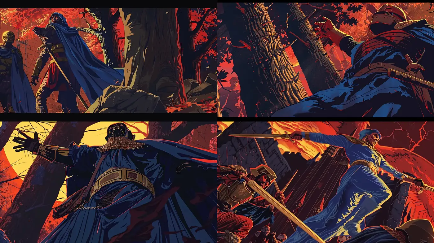 Dynamic Heroic Fantasy in Crimson and Cobalt - Midjourney sref style