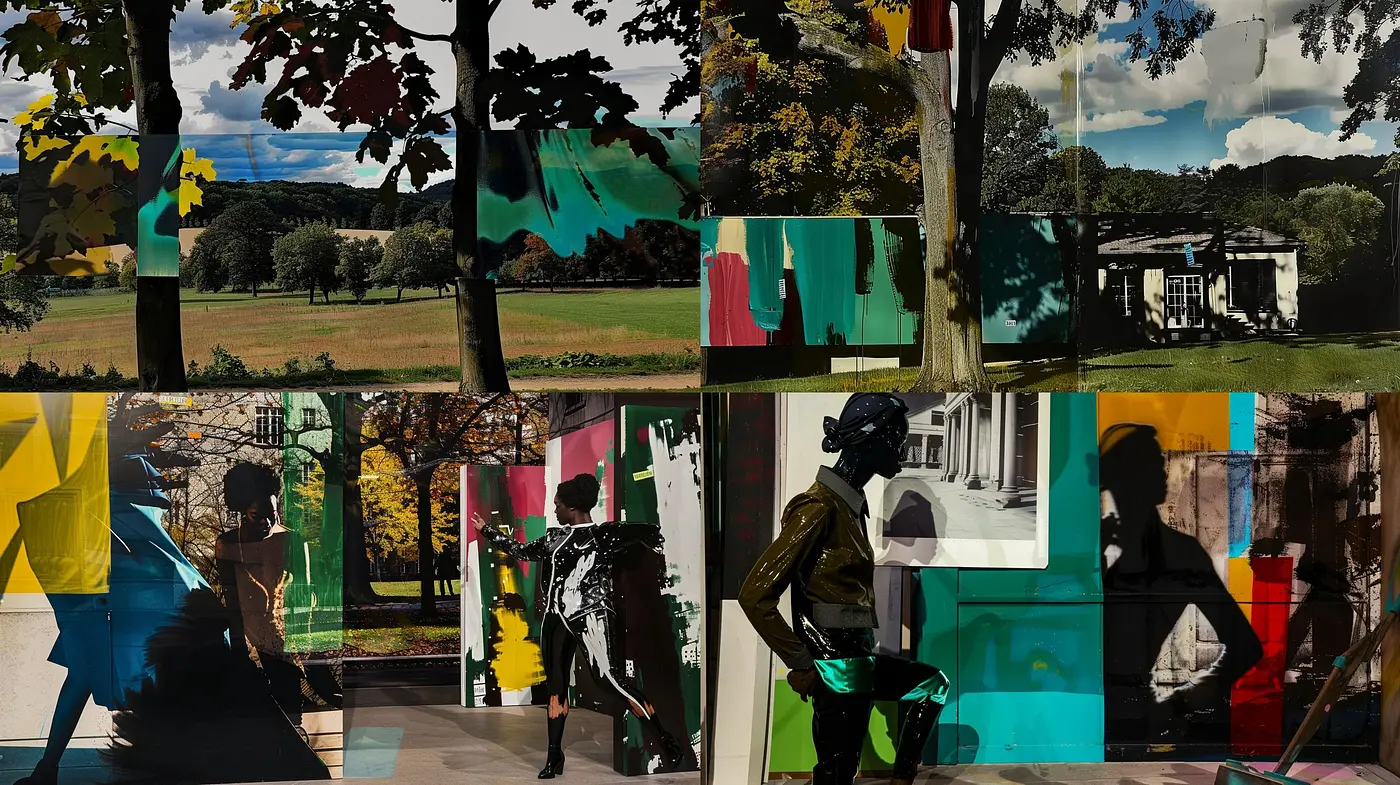 Fragmented Photorealism Meets Abstract Expressionism: A Fusion of Textures and Saturated Colors Conveying a Vibrant and Contemplative Atmosphere - Midjourney sref style