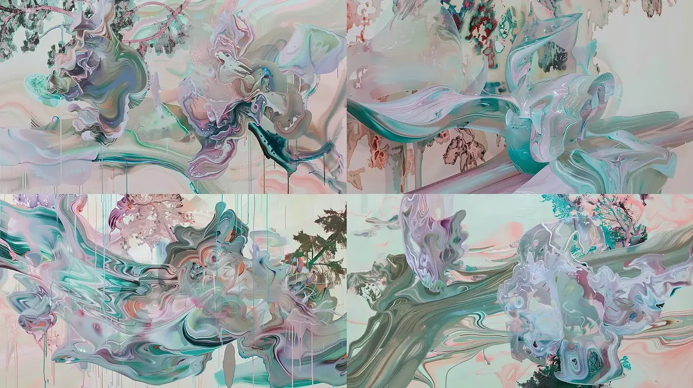 Fluid and ethereal abstract compositions with a soft palette - Midjourney sref style