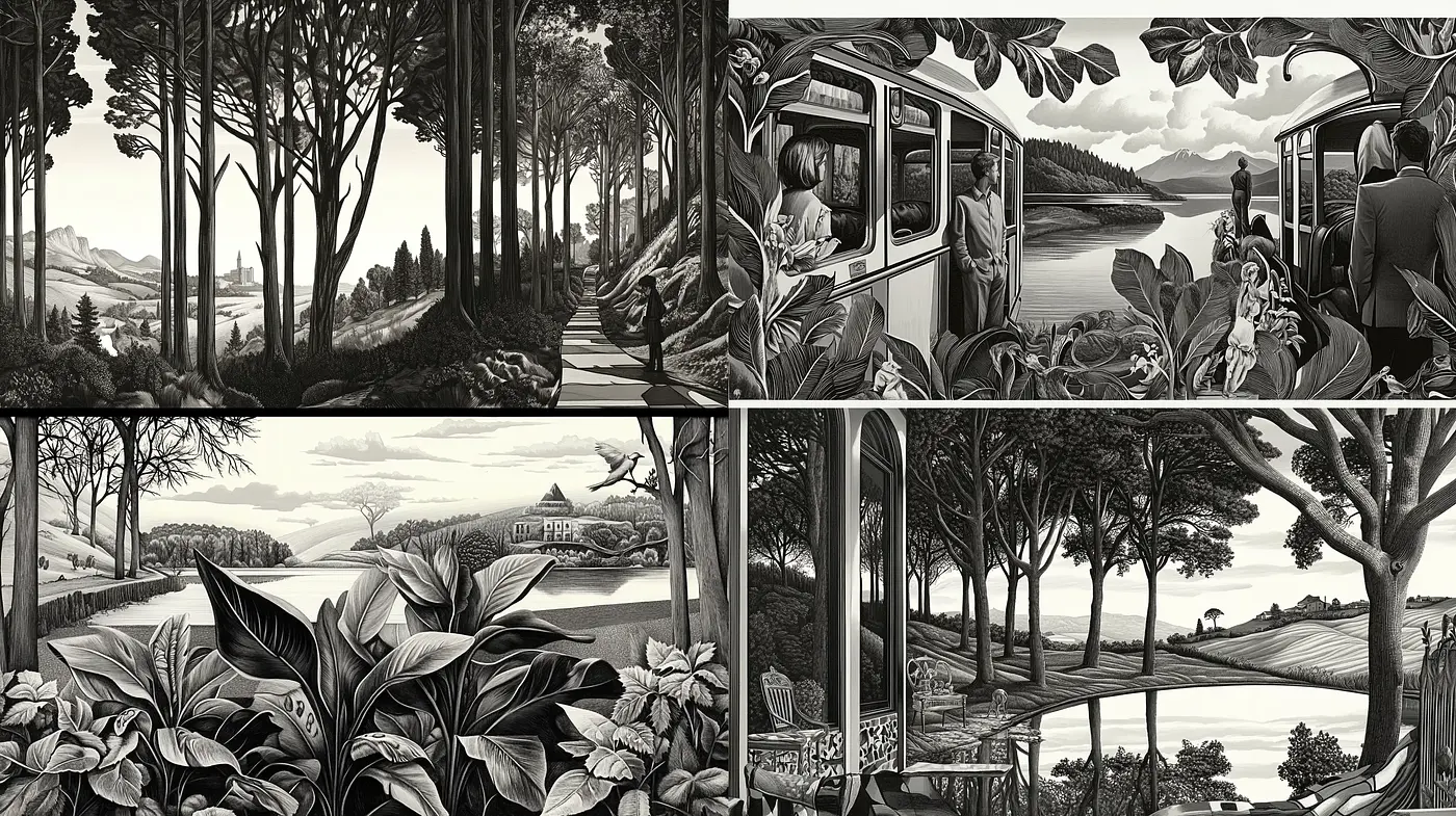Monochromatic Panoramic Landscapes in Engraving Style - Midjourney sref style
