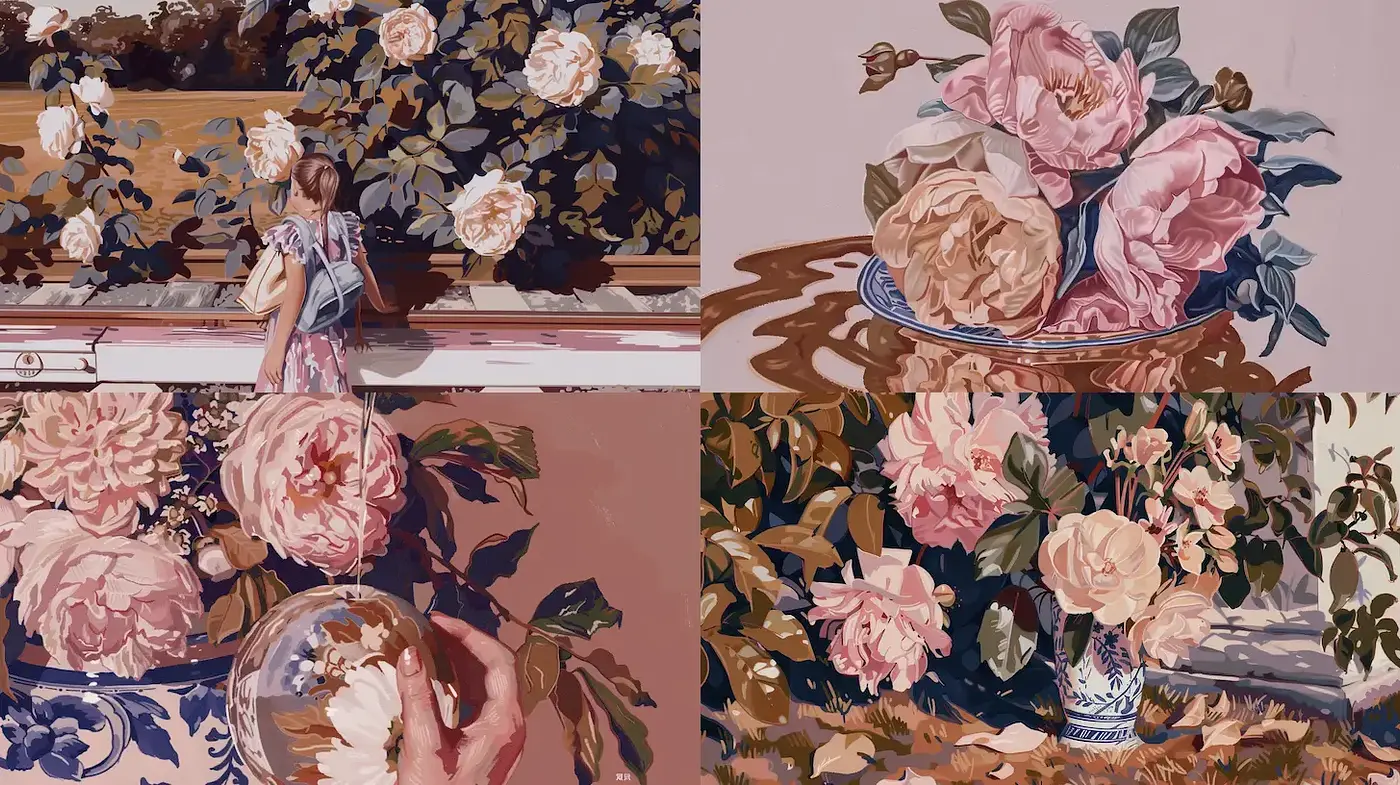 Lush Floral Composition with Gentle Passages and Subtle Elegance - Midjourney sref style