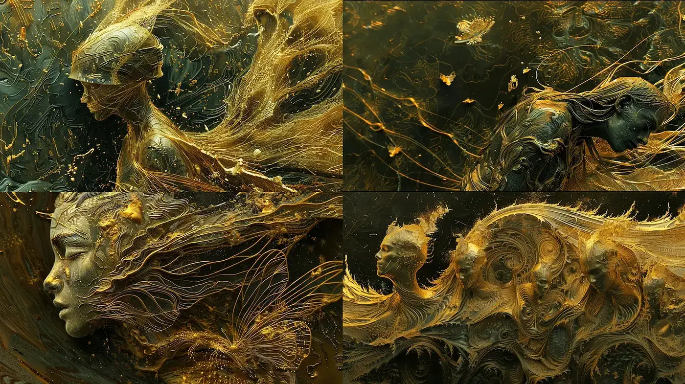 Ethereal Golden Swirls: A Fusion of Baroque Intricacy and Surrealist Dreams - Midjourney sref style
