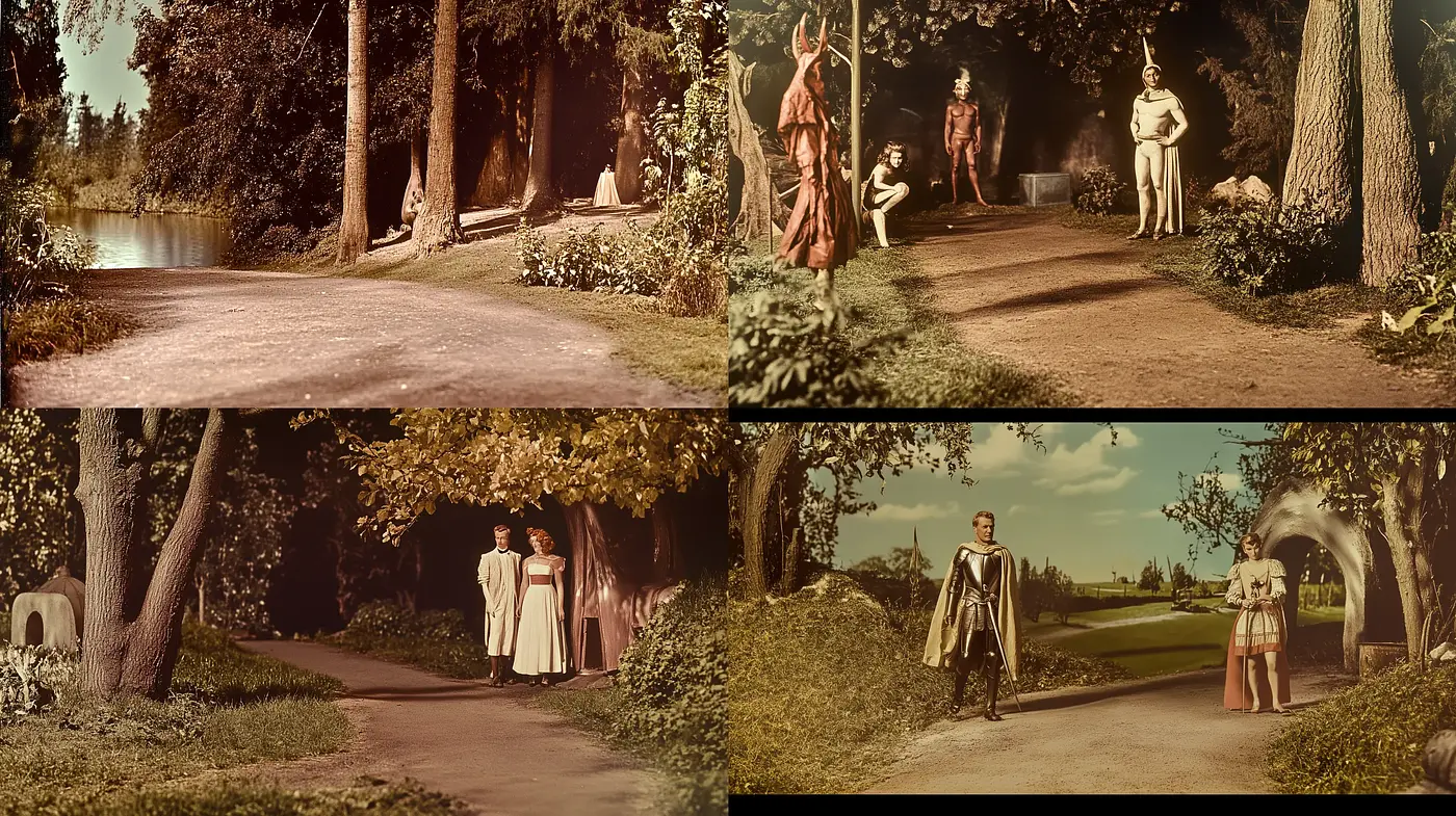 Consistent Sepia-toned Pastoral Scenes with Theatrical Costume Details - Midjourney sref style