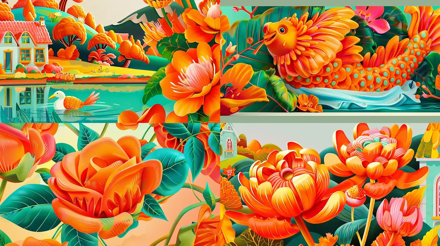 Vivid Botanical Fantasy with Playful Elements - Midjourney sref style