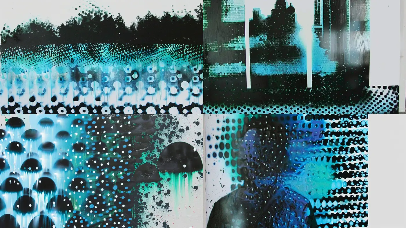 Cyan Dreamscape: A Harmonic Blend of Digital Impressionism and Pixelated Abstraction - Midjourney sref style