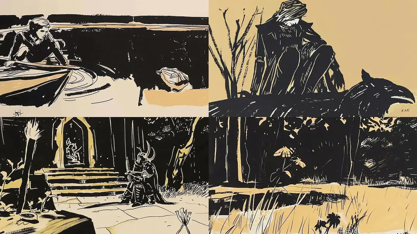 Dark and Minimalist Illustrations with Strong Contrast - Midjourney sref style