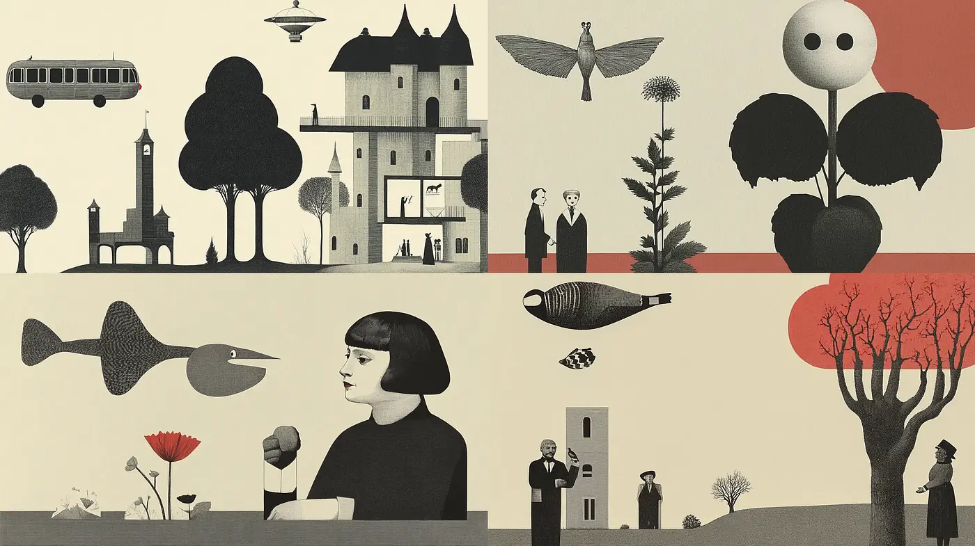 Stylized Mid-Century Modern Illustrations with Surrealist Undertones - Midjourney sref style