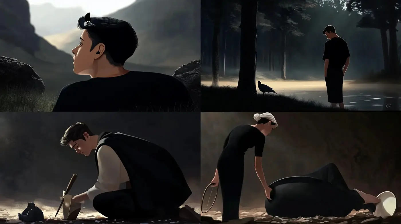 Somber Elegance in Stylized Cinematic Tableaus - Midjourney sref style