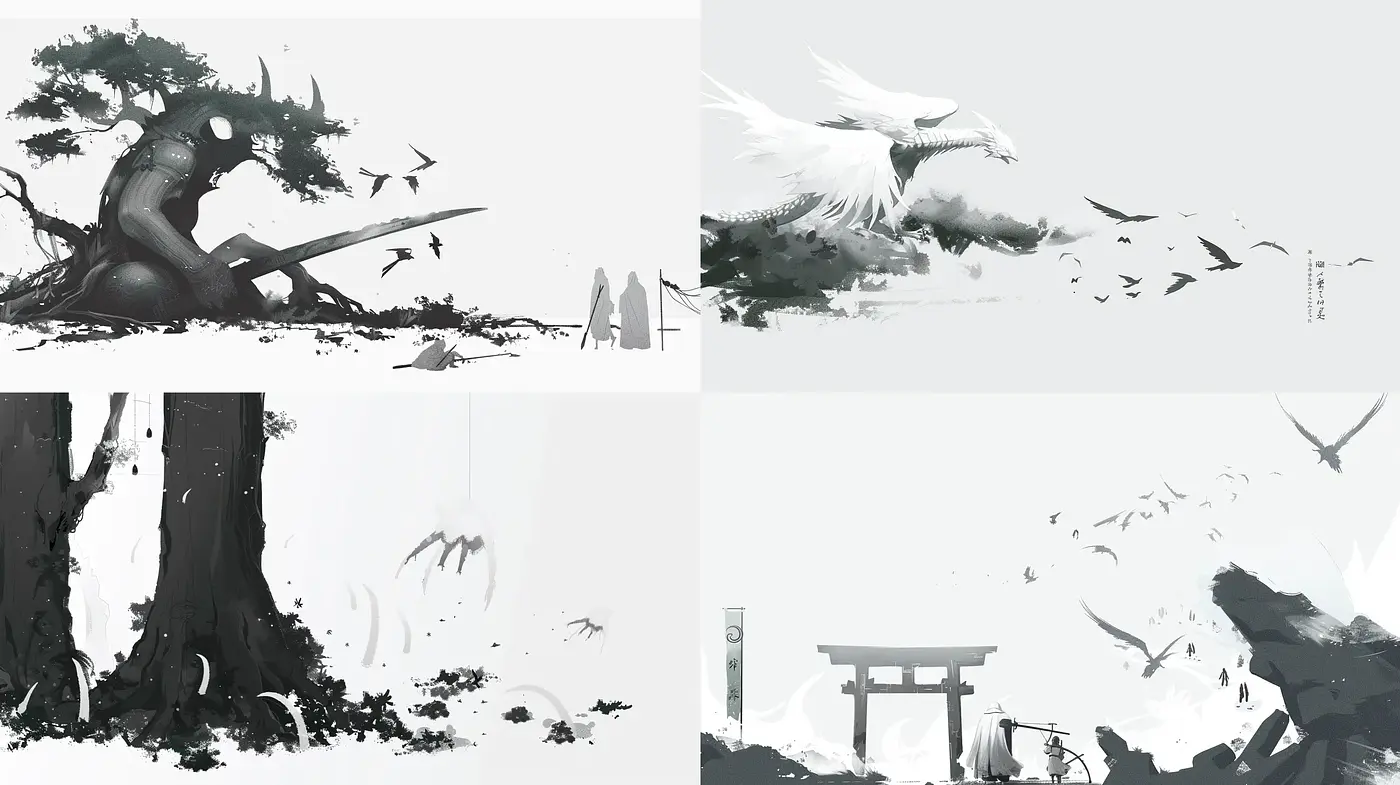 Monochromatic Ethereality: An Echo of Sumi-e in Digital Brushwork - Midjourney sref style