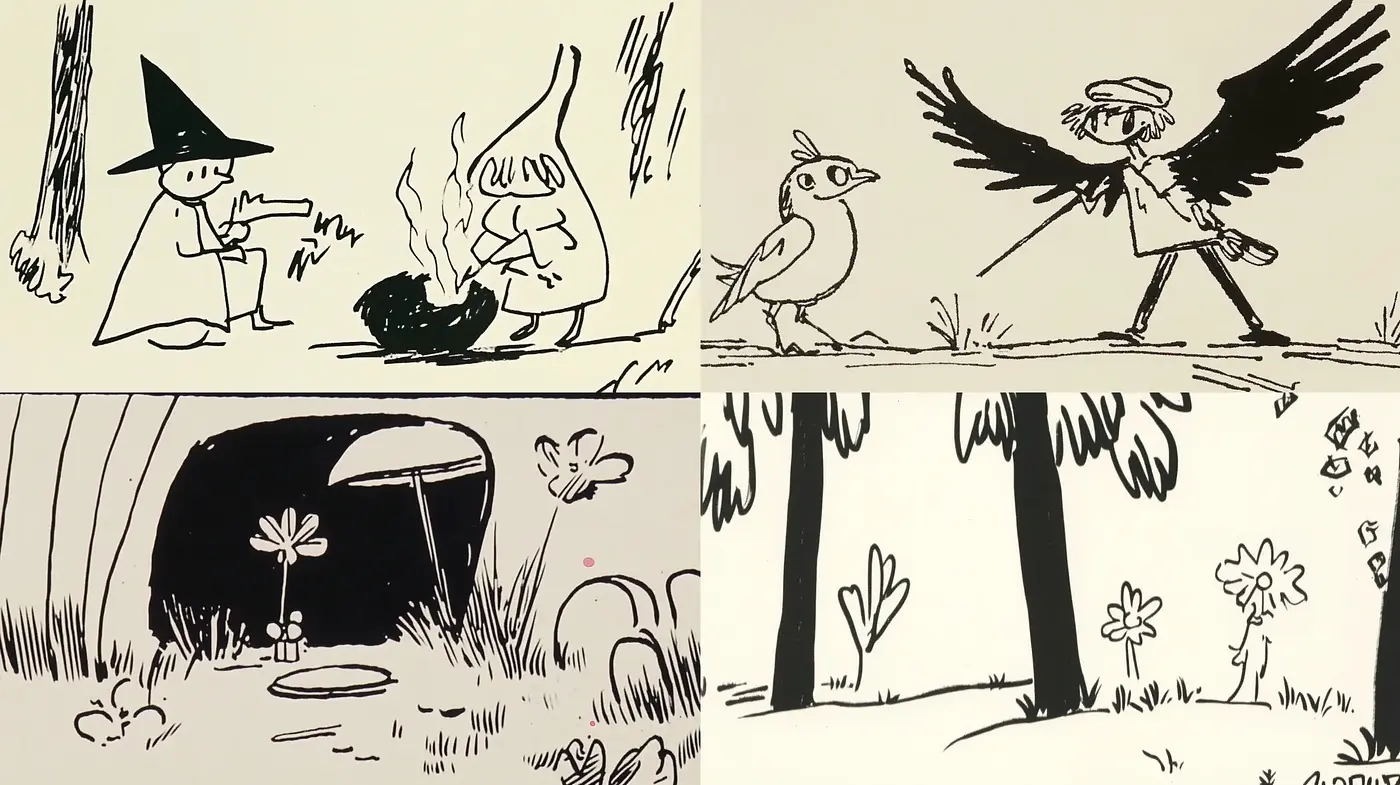 Monochromatic Ink Sketches with Whimsical Charm - Midjourney sref style