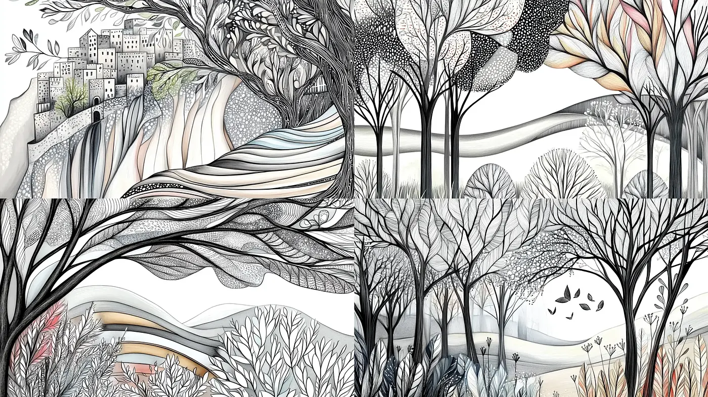 Whimsical Nature in Monochrome Dreamscape - Midjourney sref style