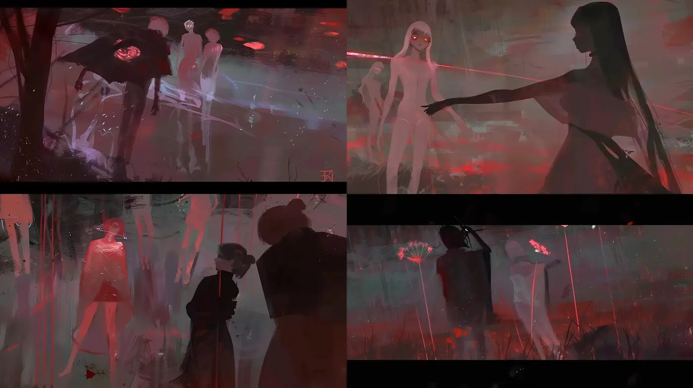 Ethereal Nocturne: A Fusion of Dystopian Cyberpunk and Abstract Expressionism - Midjourney sref style