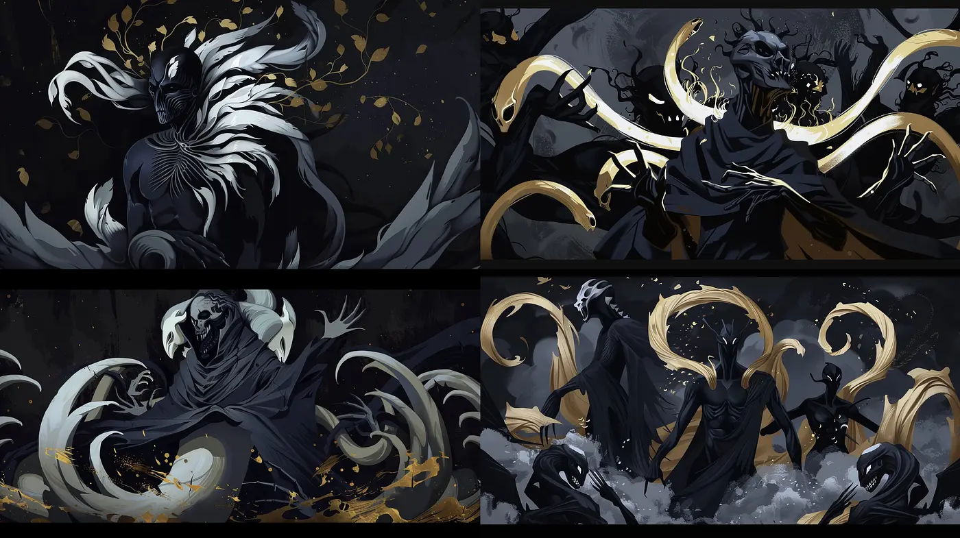 Moody Monochrome Tableaus with Golden Accents and Dynamic Swirls - Midjourney sref style