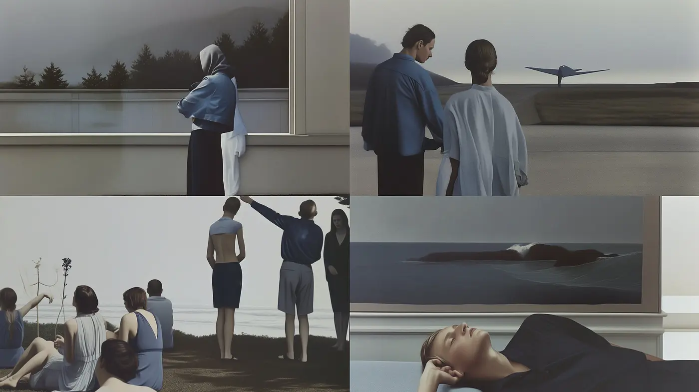 Whisper of Serenity: A Homage to Uniformity and Subdued Elegance in Blues and Greys - Midjourney sref style