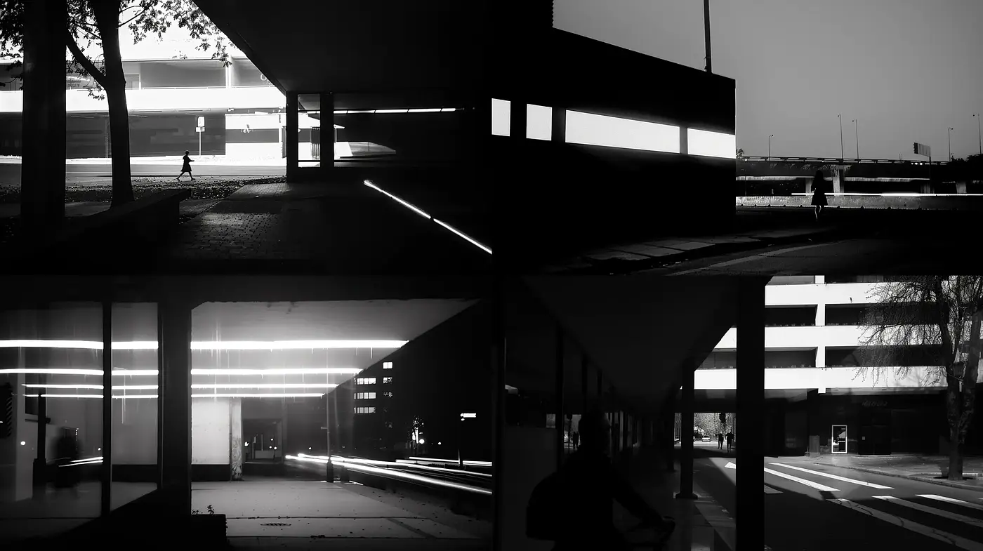 Nocturnal Monochromatic Urban Vistas - Midjourney sref style
