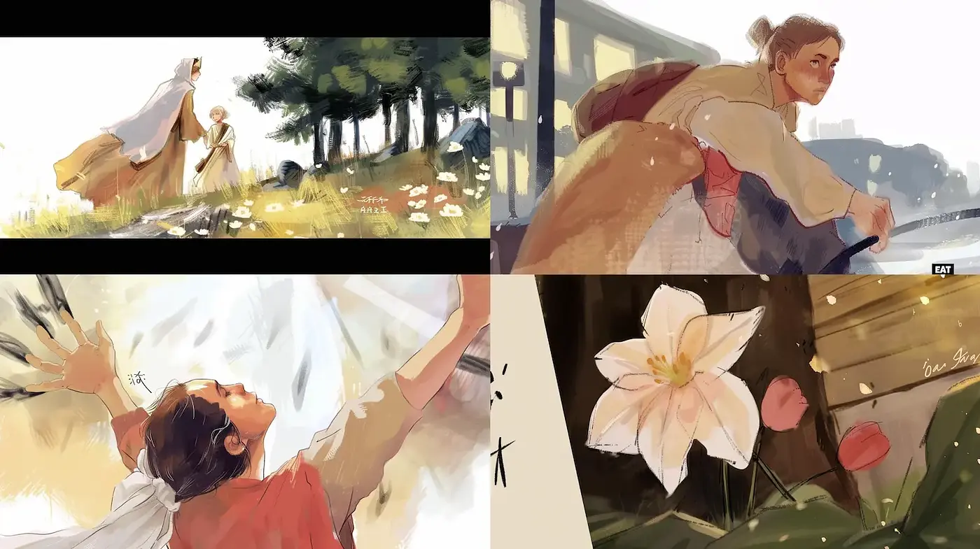 Soft and Ethereal Illustrations with Nature and Human Elements - Midjourney sref style