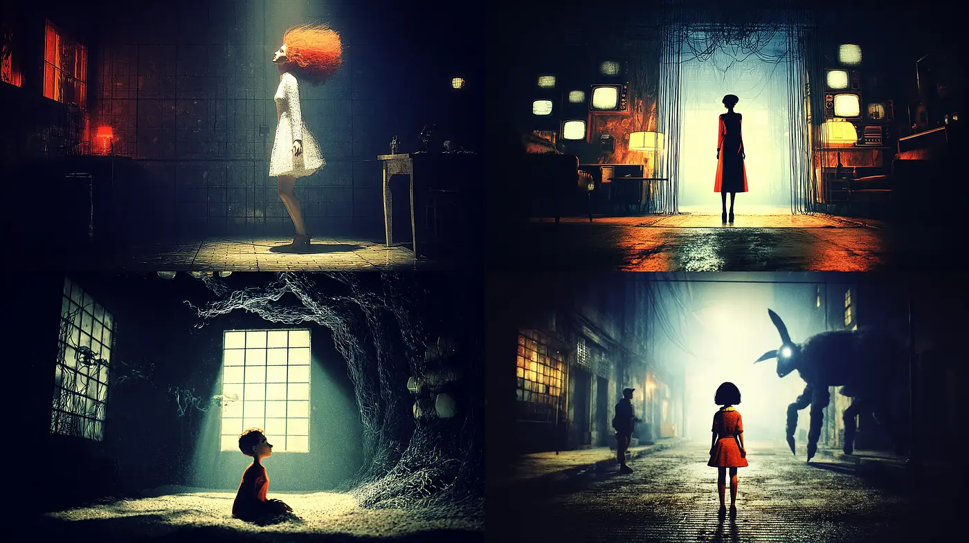 Eerie Surrealism with a Touch of Whimsy in a Dark Atmosphere - Midjourney sref style