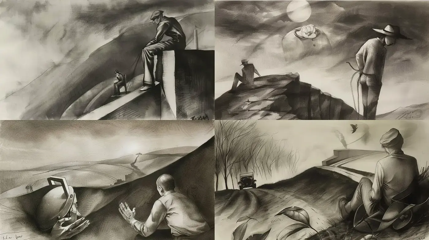 Monochromatic Landscape Exploration with Human Figures - Midjourney sref style