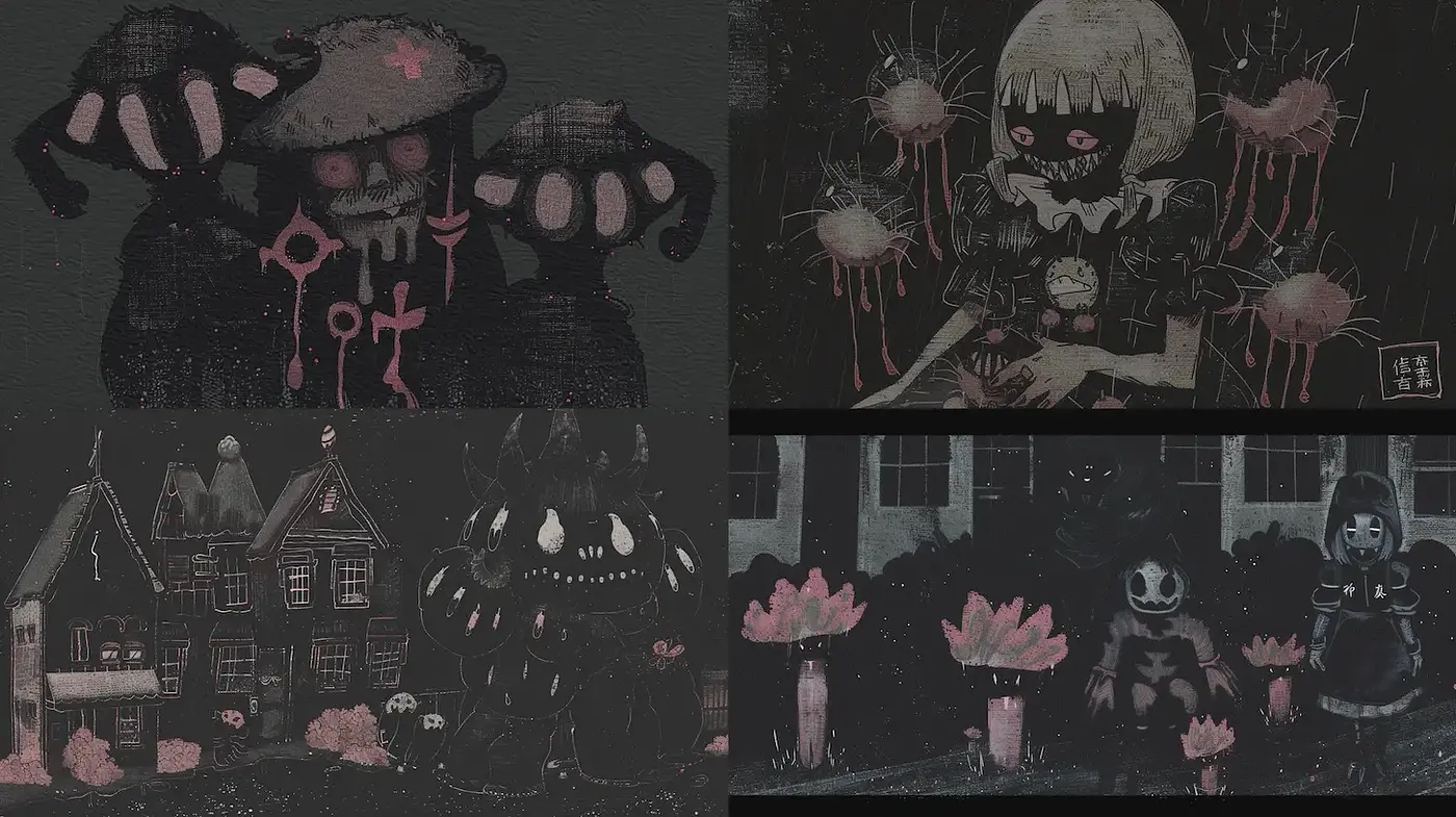 Dark and Whimsical Illustrations with a Touch of Vintage Horror - Midjourney sref style