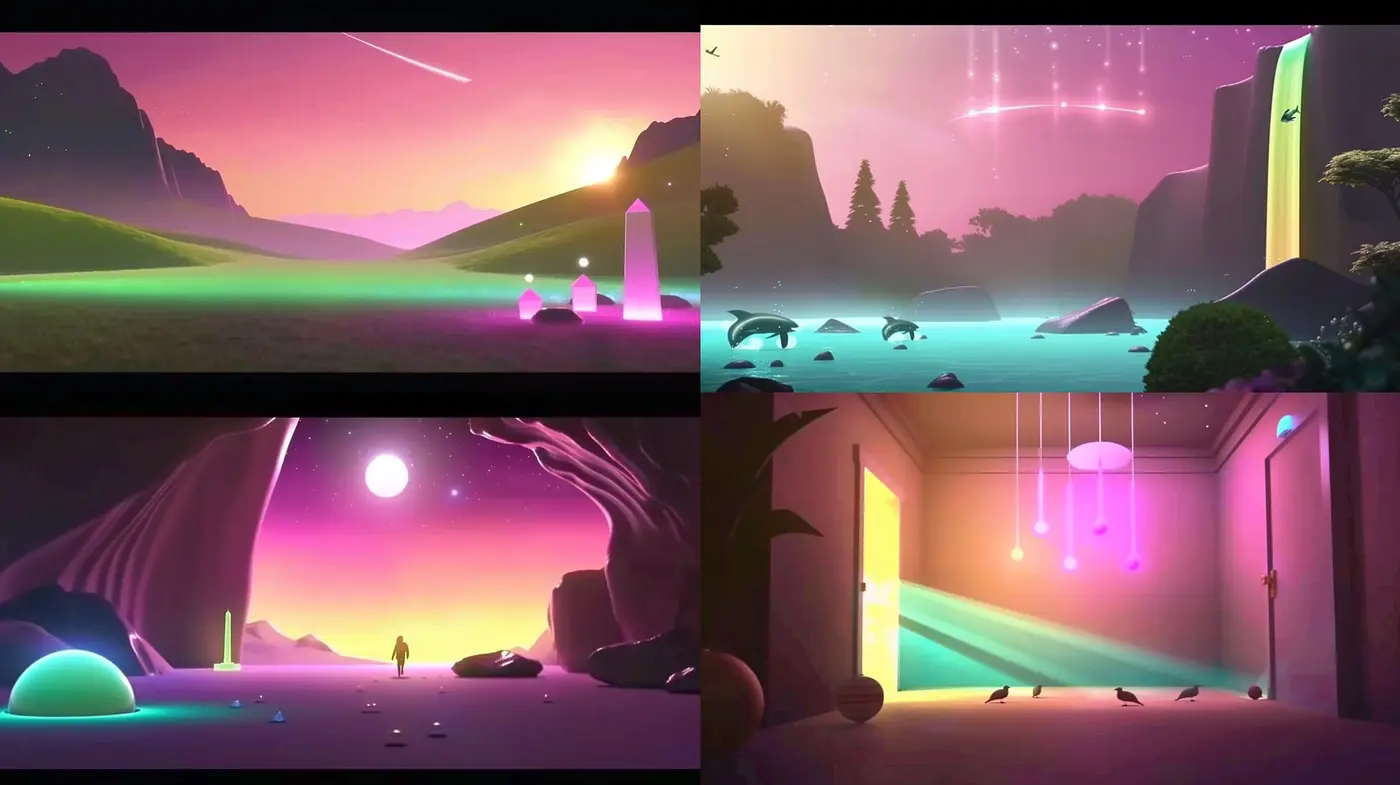 Dreamlike Visions in Vibrant Hues: A Synthesis of Neon Glow and Surrealist Landscapes - Midjourney sref style