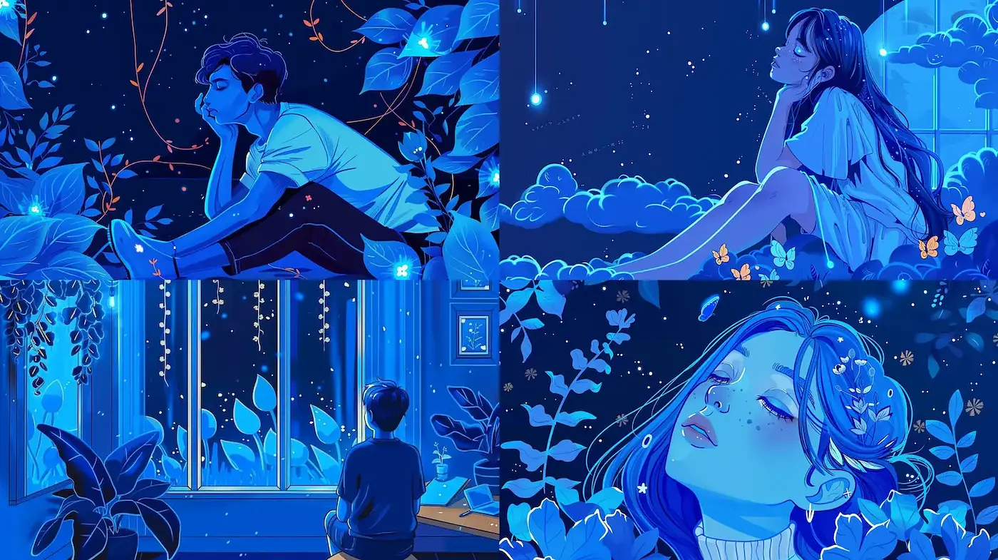 Dreamy and Enchanting Blue-Themed Illustrations with Nature Elements - Midjourney sref style