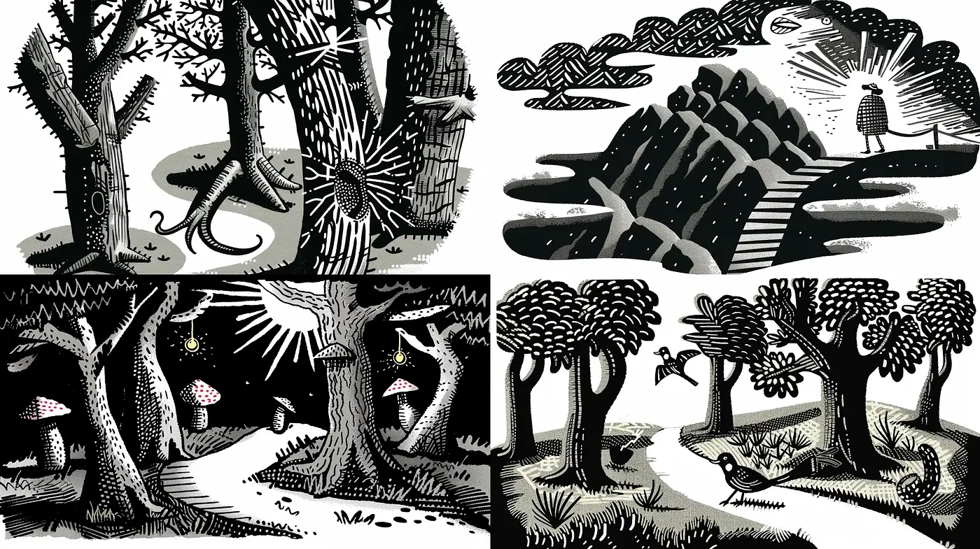 Monochromatic Enchanted Woodlands: A Homage to Linocut Artistry - Midjourney sref style