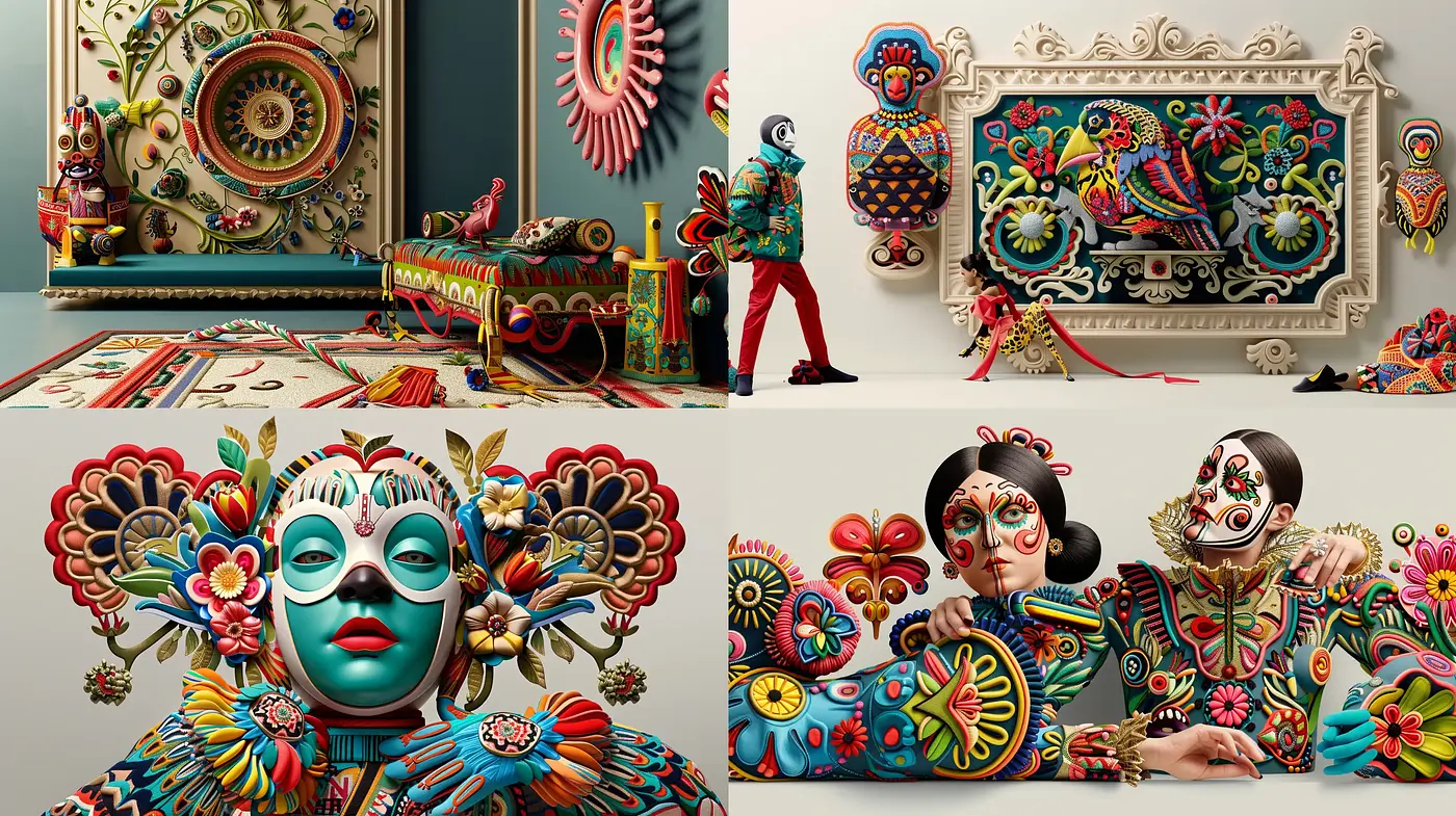 Kaleidoscopic Folk Art Fusion with a Surreal Twist - Midjourney sref style