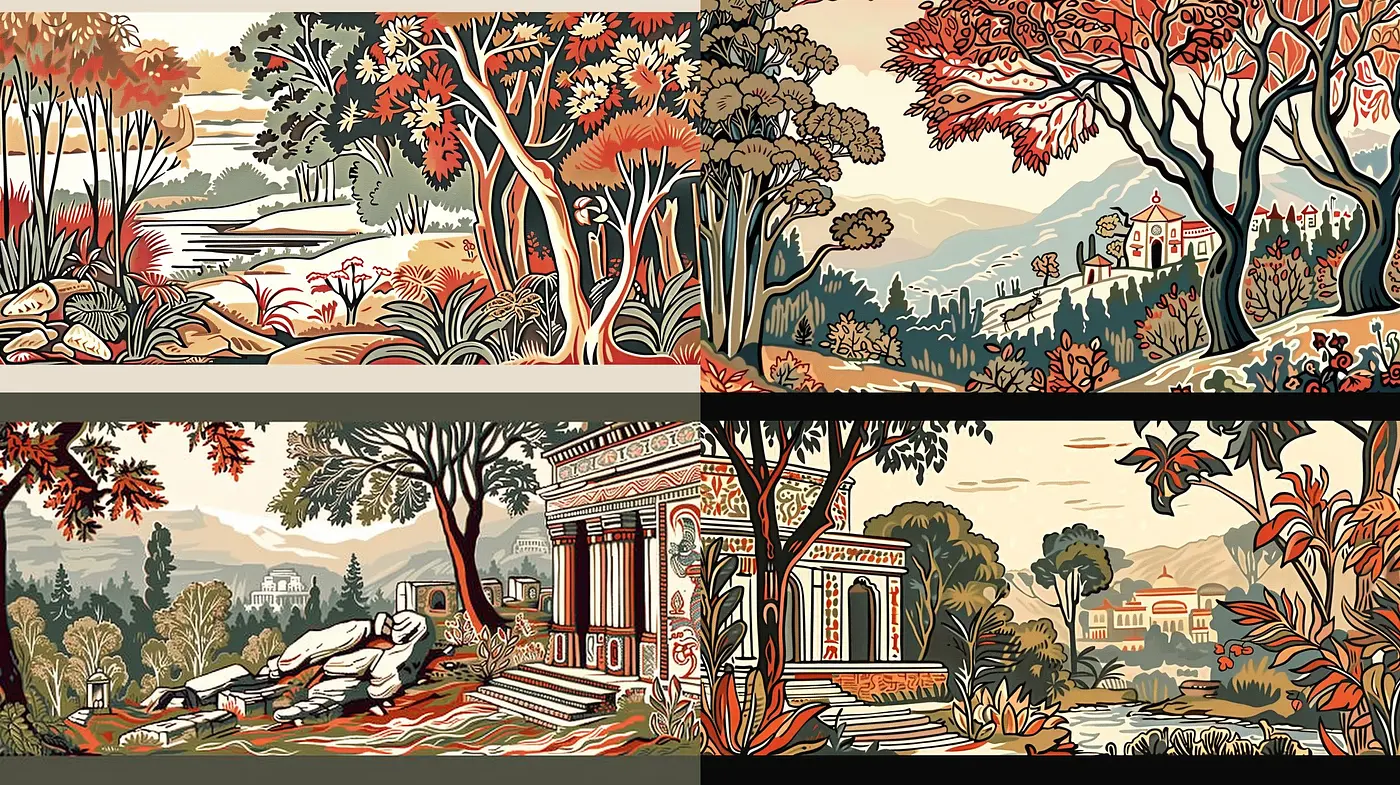 Consistently Stylized Pastoral Scenes with Art Nouveau and Graphic Linework - Midjourney sref style