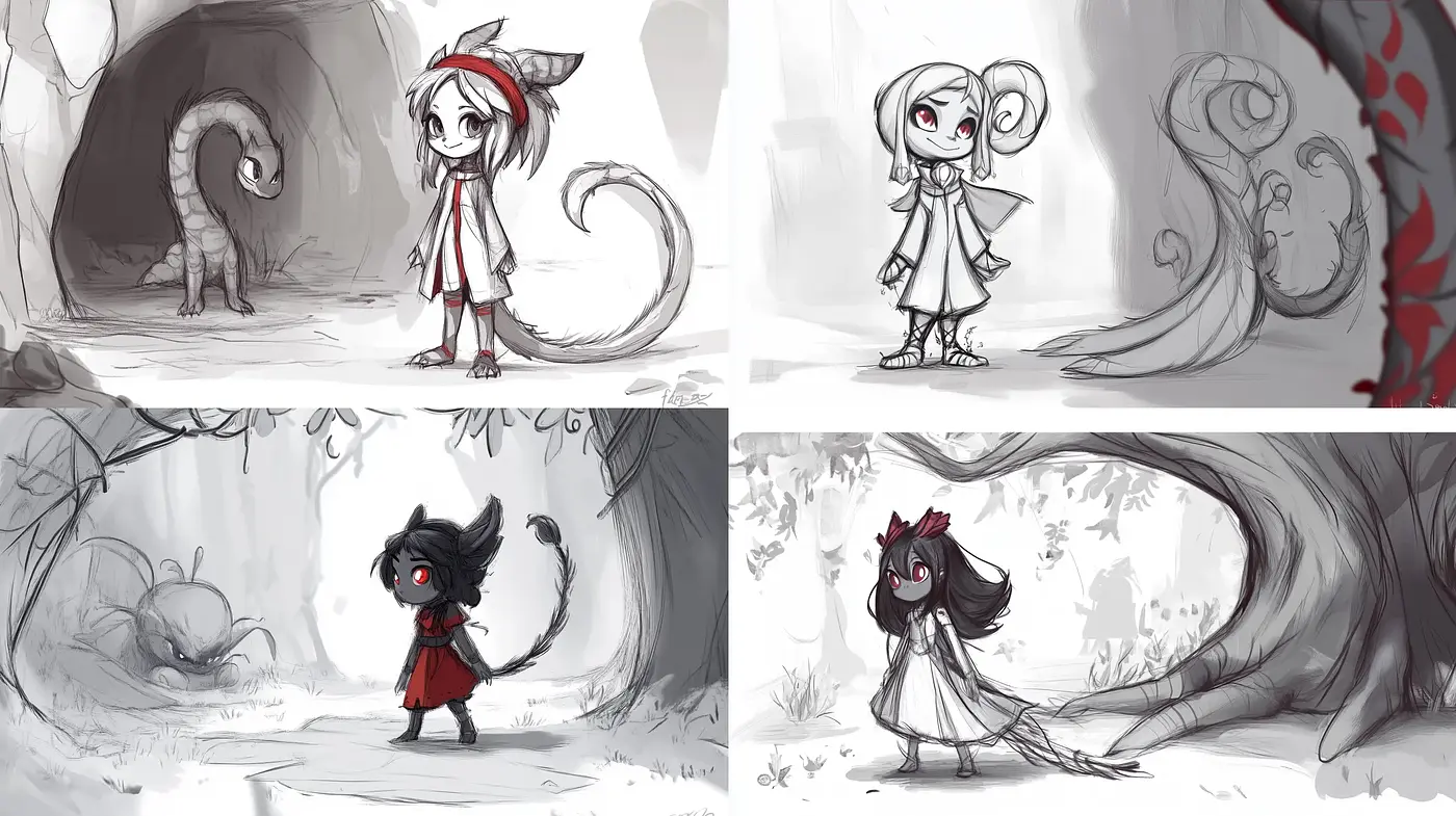 Monochromatic Enchantment: A Whimsical Fusion of Storybook Illustration and Contemporary Character Design - Midjourney sref style