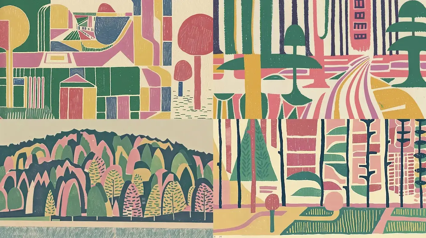 Playful Geometric Landscapes Featuring Abstract Forms and Soft Textures - Midjourney sref style