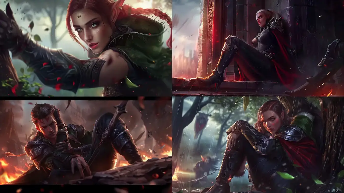 Dynamic portrayal of heroic fantasy characters with rich detail and atmospheric depth - Midjourney sref style