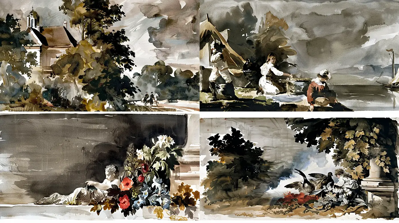 Romantic Epoch Inspired Pastoral Scenes with a Watercolor Essence - Midjourney sref style