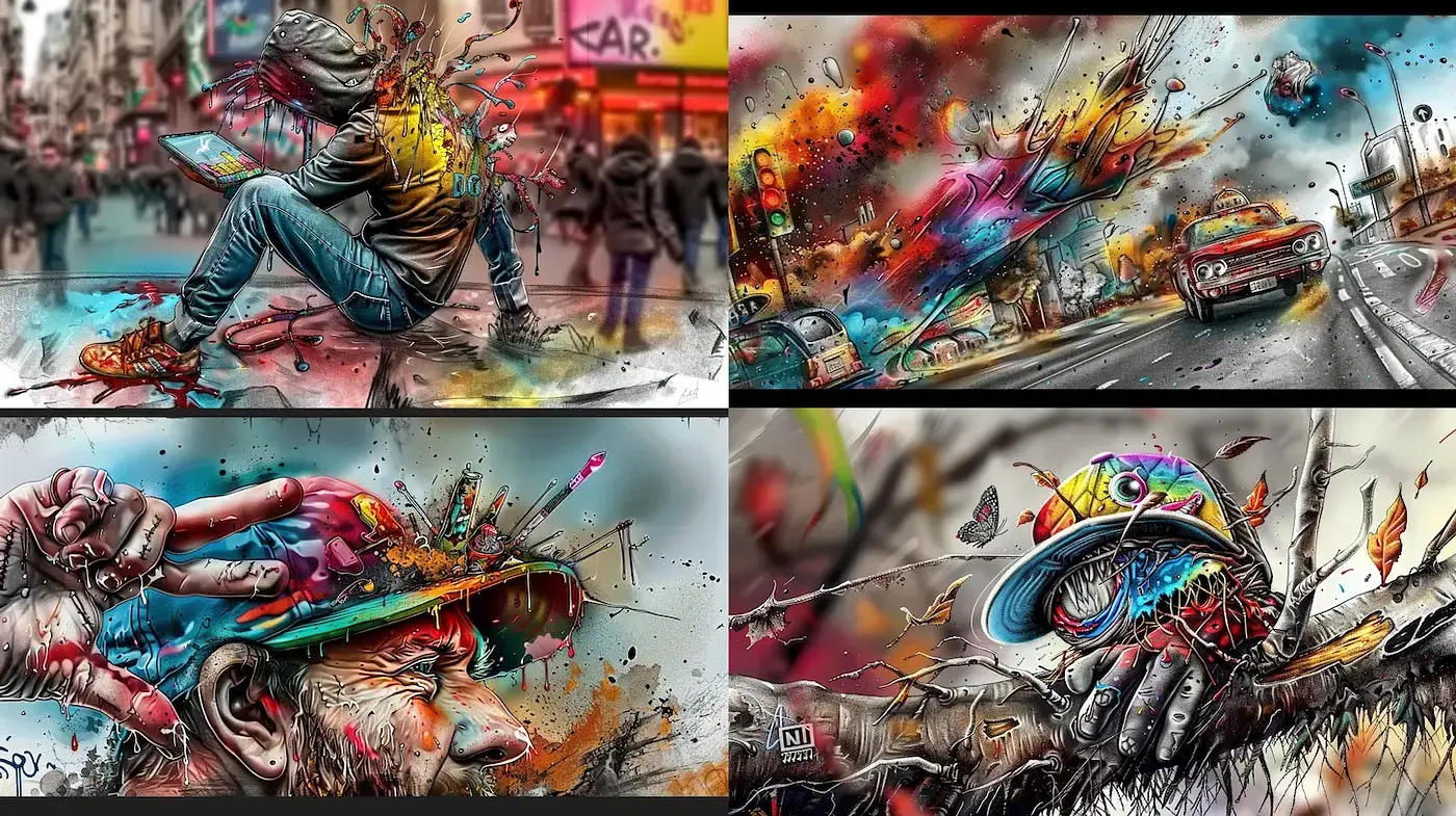 Dynamic and expressive street art with vivid emotional themes - Midjourney sref style