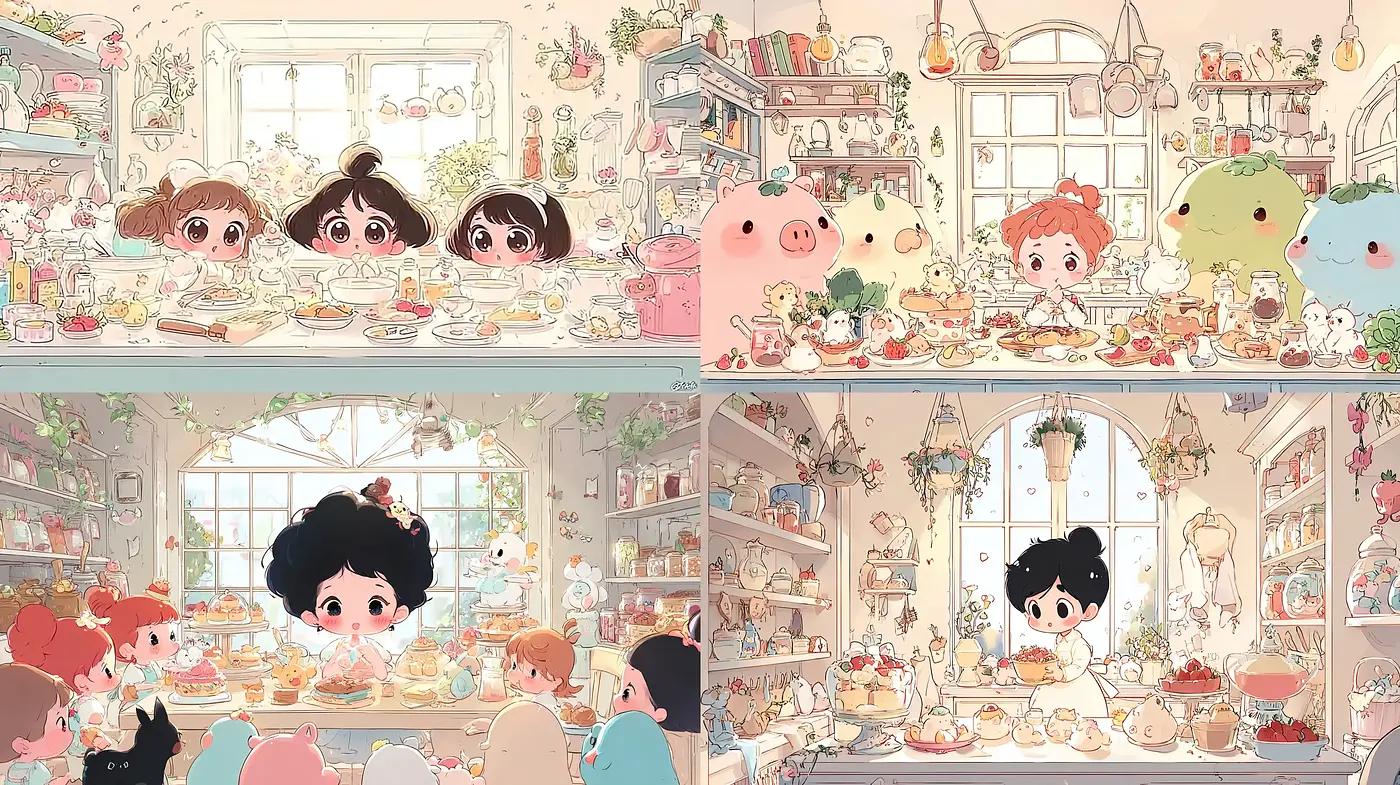 Charming whimsical kitchen scenes evoking a playful and cozy atmosphere - Midjourney sref style