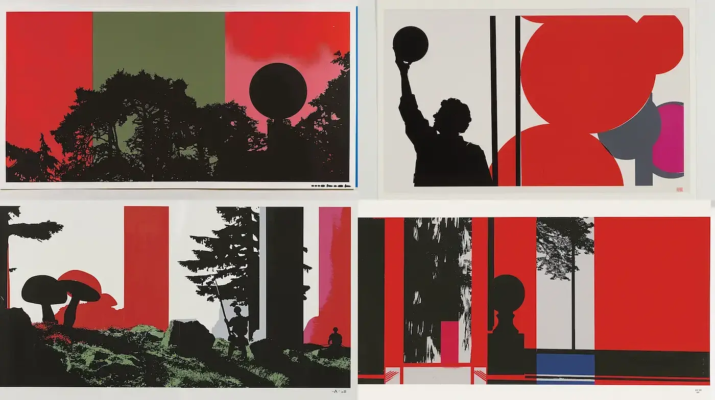 Dynamic and Bold Visual Narrative with Abstract Silhouettes - Midjourney sref style