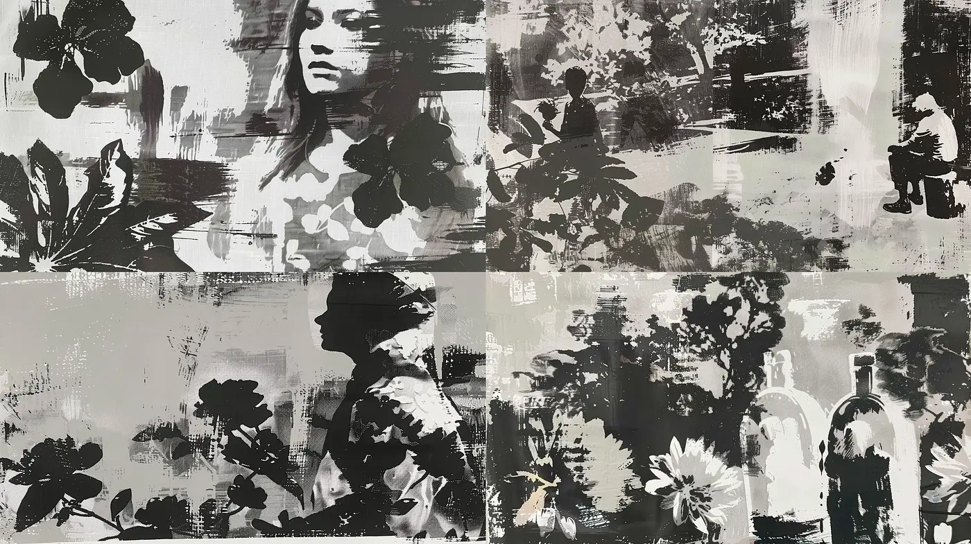 Monochromatic Tapestry of Stylized Forms and Textures - Midjourney sref style