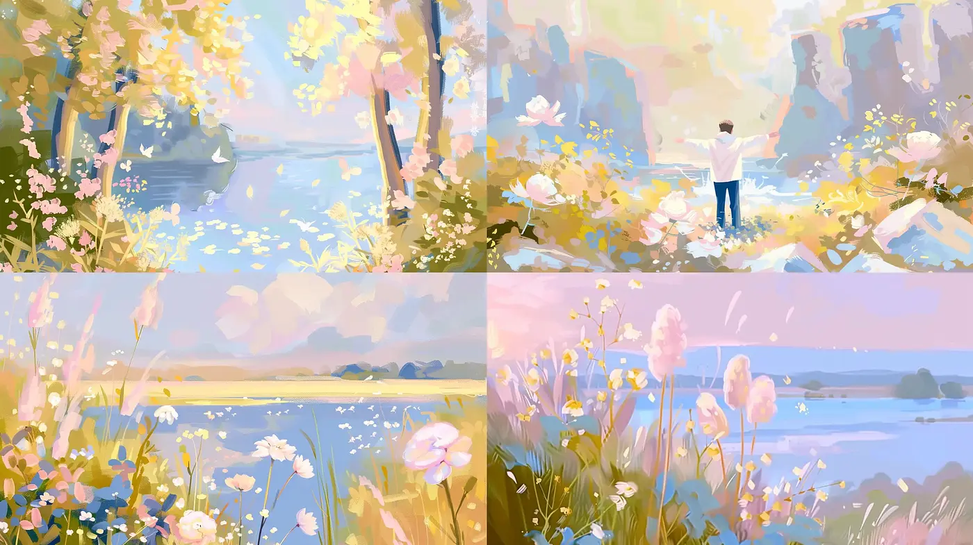Ethereal Pastel Landscapes: A Harmonious Blend of Soft Hues and Light Brushwork - Midjourney sref style