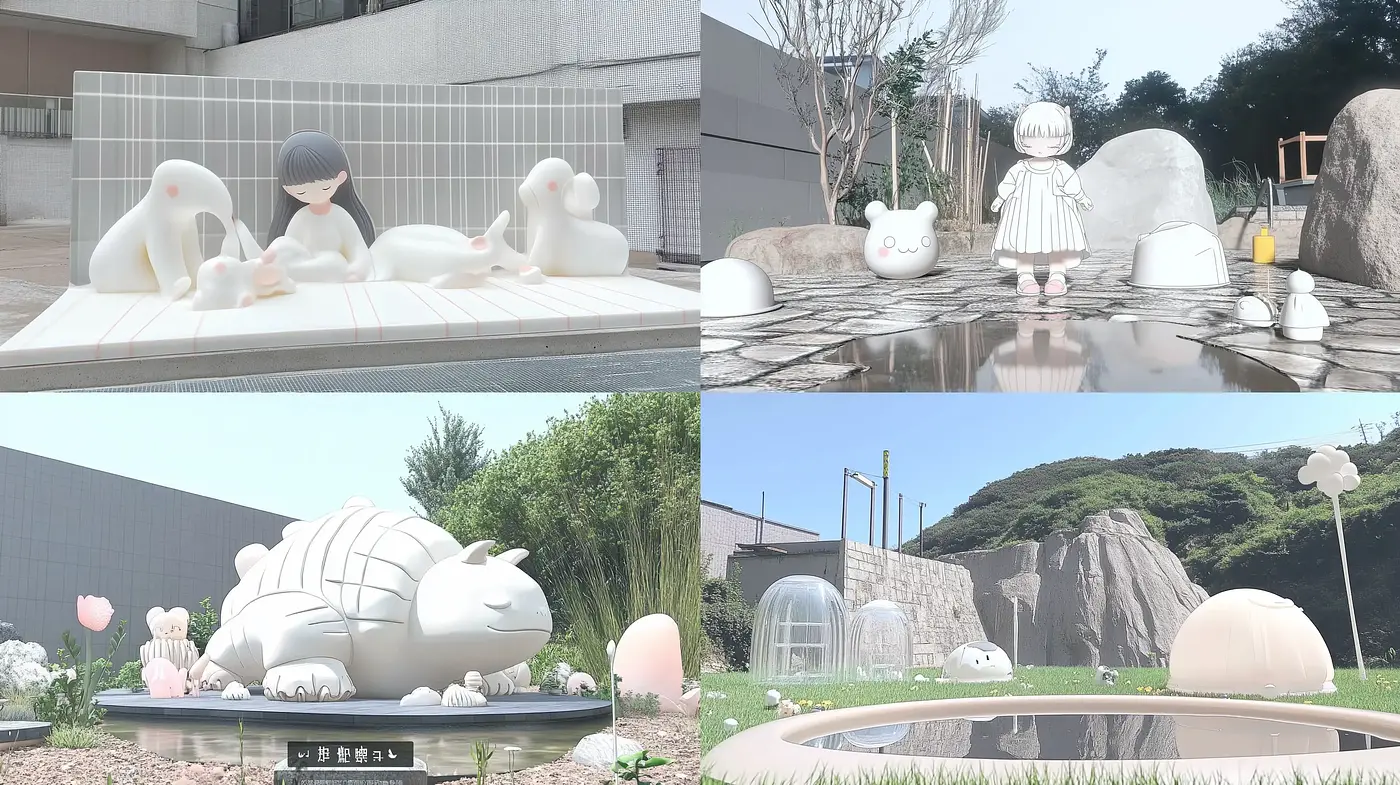 Serene Pastel Dreamscapes with Surreal Sculpted Characters - Midjourney sref style