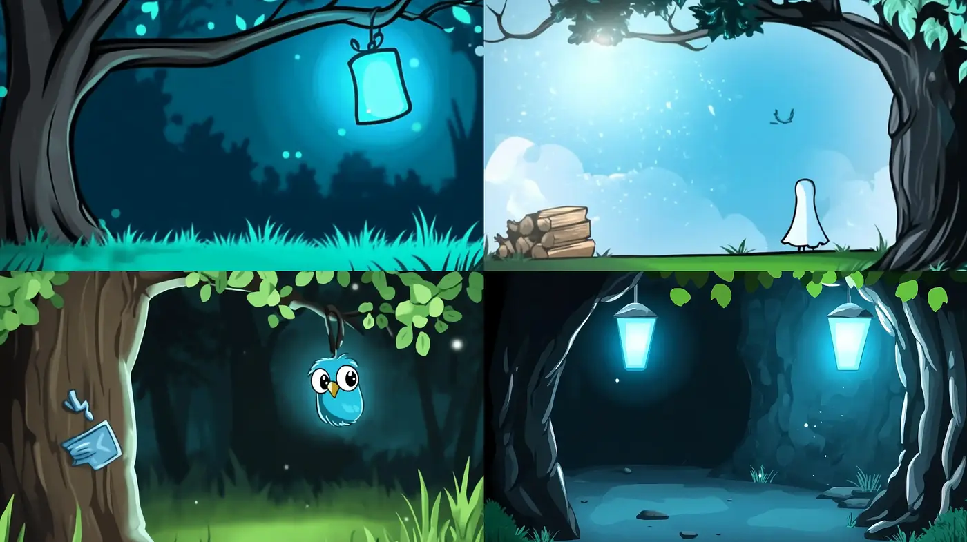 Enigmatic Luminosity in Woodland Scenes: A Harmonious Fusion of Cartoon and Fantasy Art - Midjourney sref style