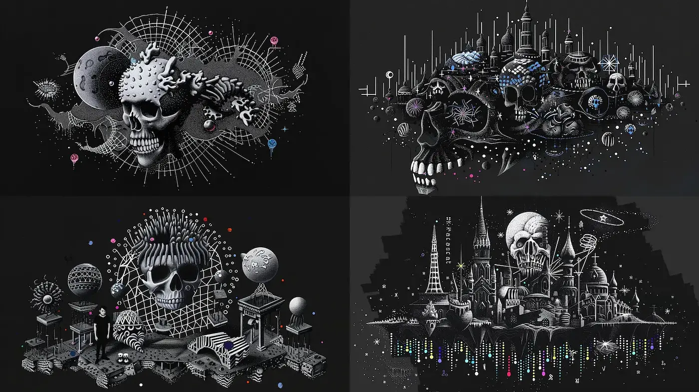 Dark Surrealism with Cosmic and Urban Themes - Midjourney sref style