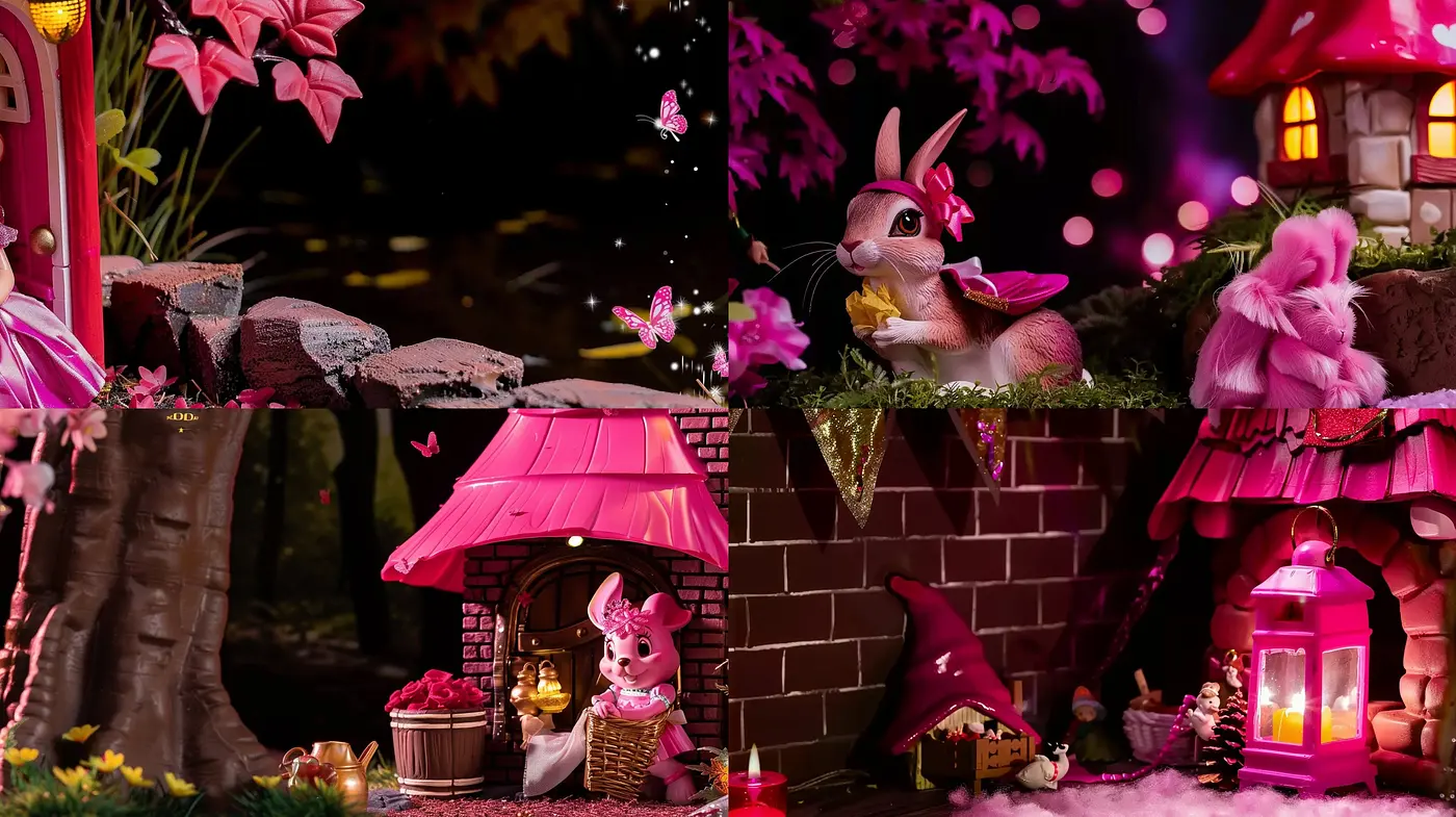 Enchanted Crimson Twilight: A Whimsical Tale of Fanciful Fauna in a Lush Pixie-Dusted Dreamscape - Midjourney sref style