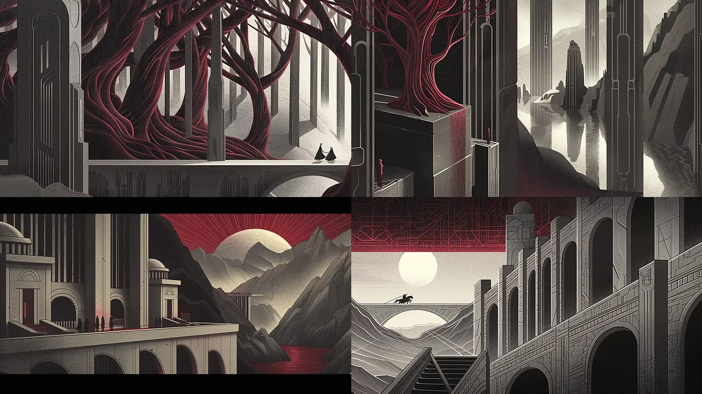 Monolithic Elegance with Stylized Red Accents in a Muted World - Midjourney sref style