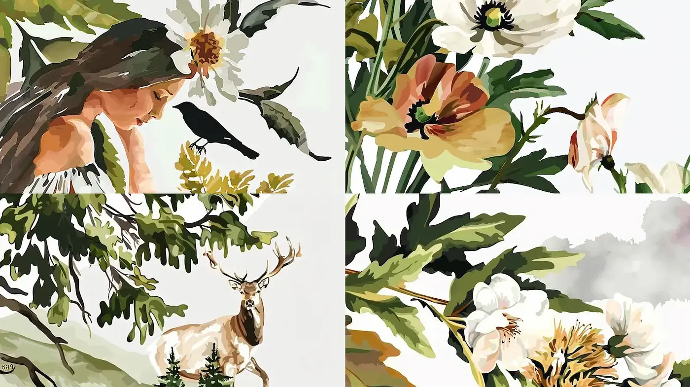 Elegant and Whimsical Nature-Inspired Illustrations - Midjourney sref style