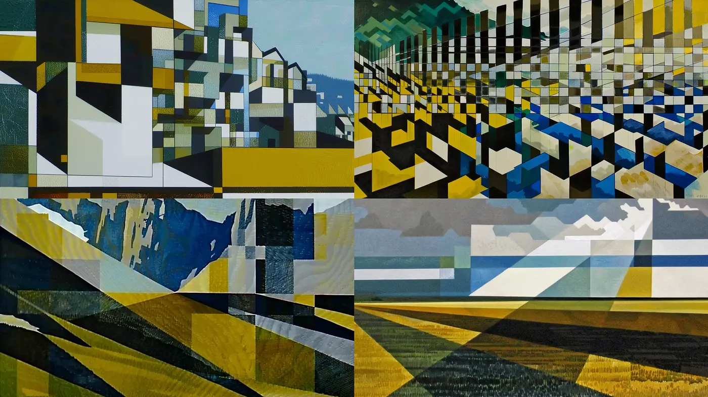 Geometric Landscape Fusion in Cubist and Expressionist Textures - Midjourney sref style